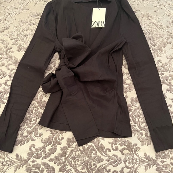 ZARA Black Front Tie Stretch Long Sleeve Top S - Picture 5 of 5